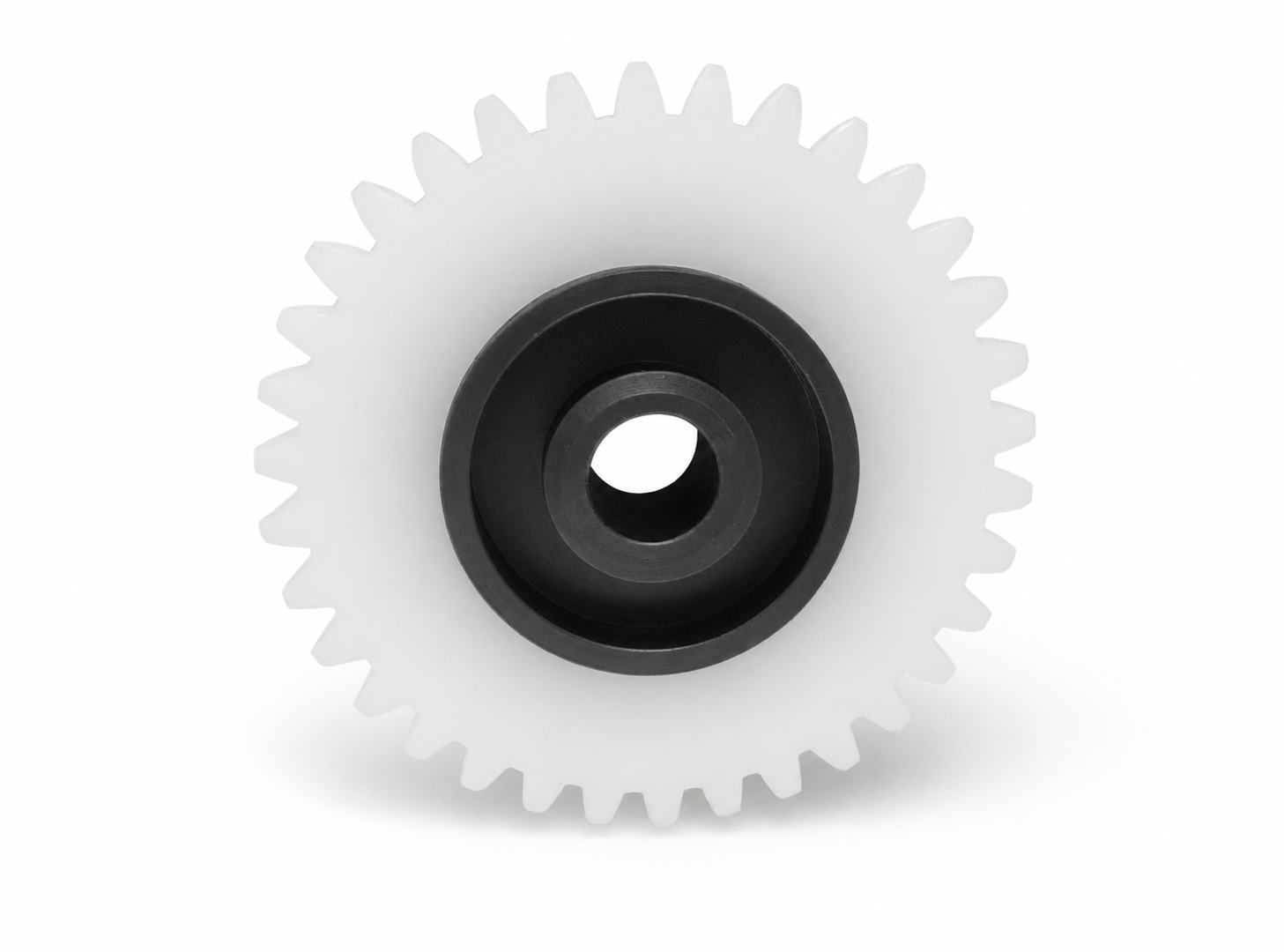 Front view of the customer-specific gear with a Nylon-6 inner component and polyurethane outer moulding