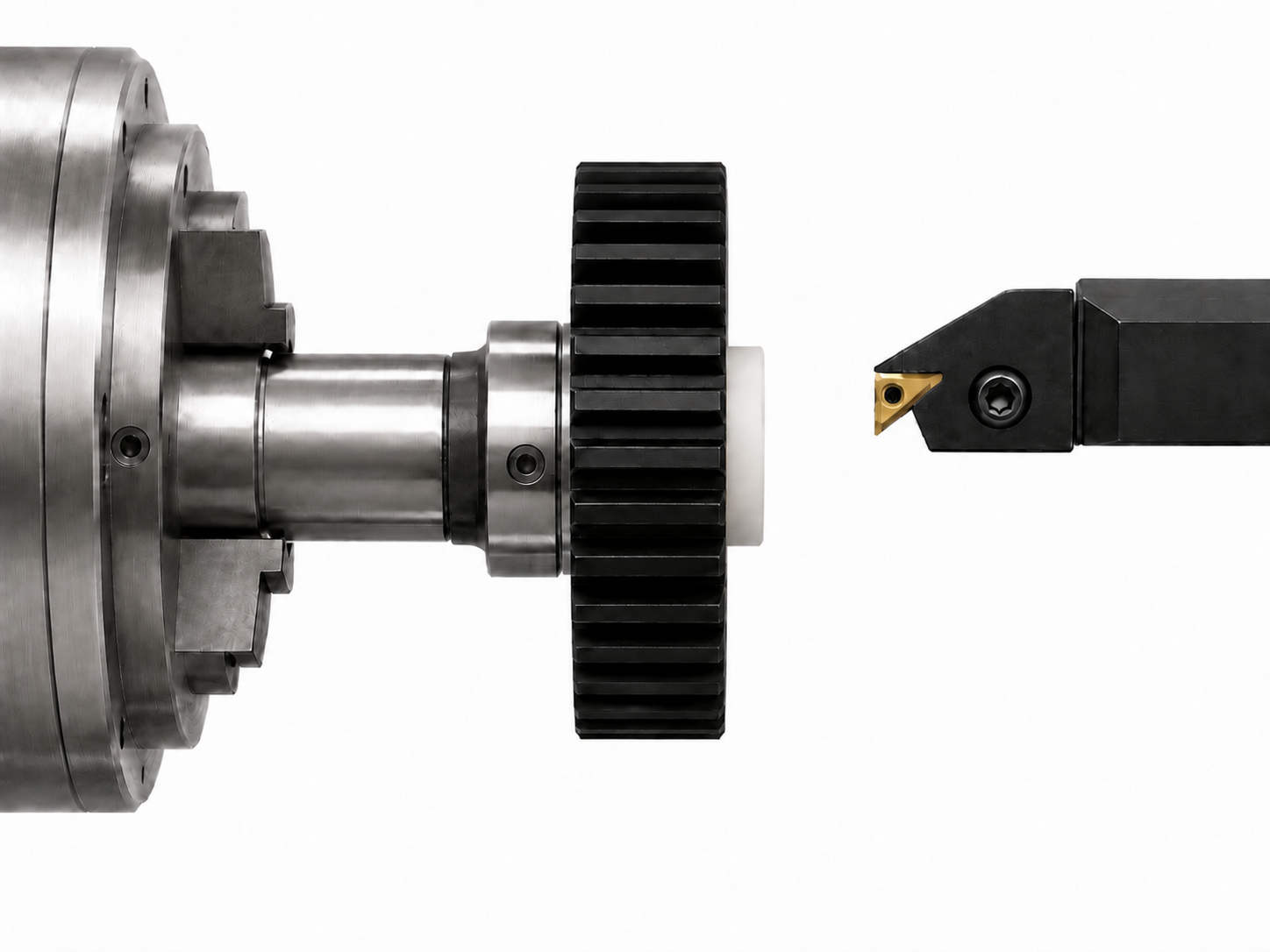 Side view of the black gear held in a metal machining fixture with a cutting tool positioned at one face