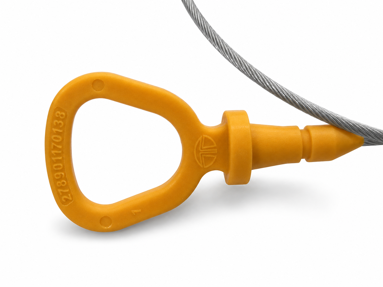 Insert-moulded orange wire handle with its part number and customer logo