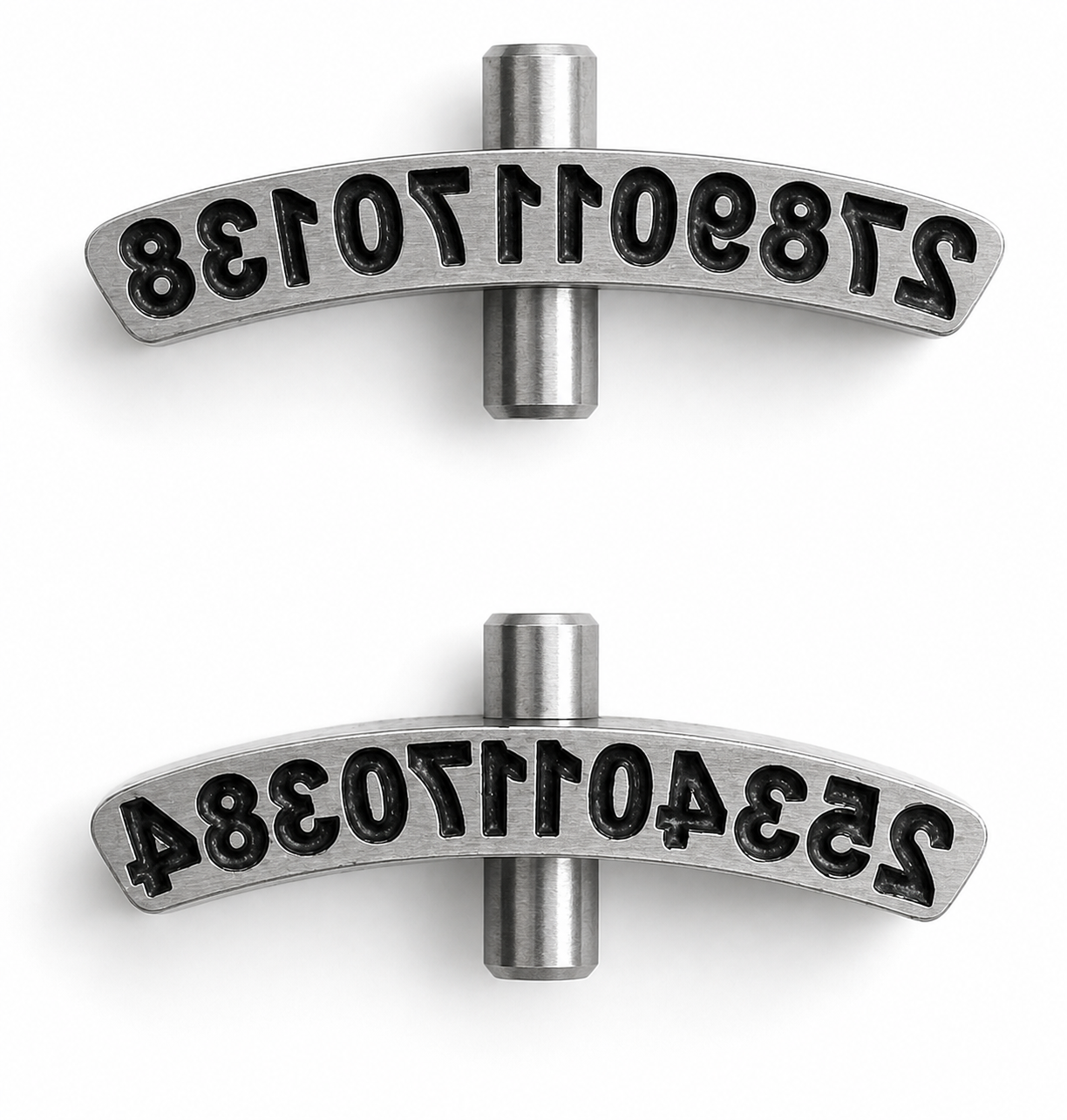 Two interchangeable steel mould inserts carrying different mirrored part numbers