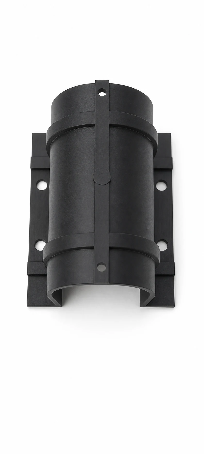 Black moulded cylindrical mounting housing