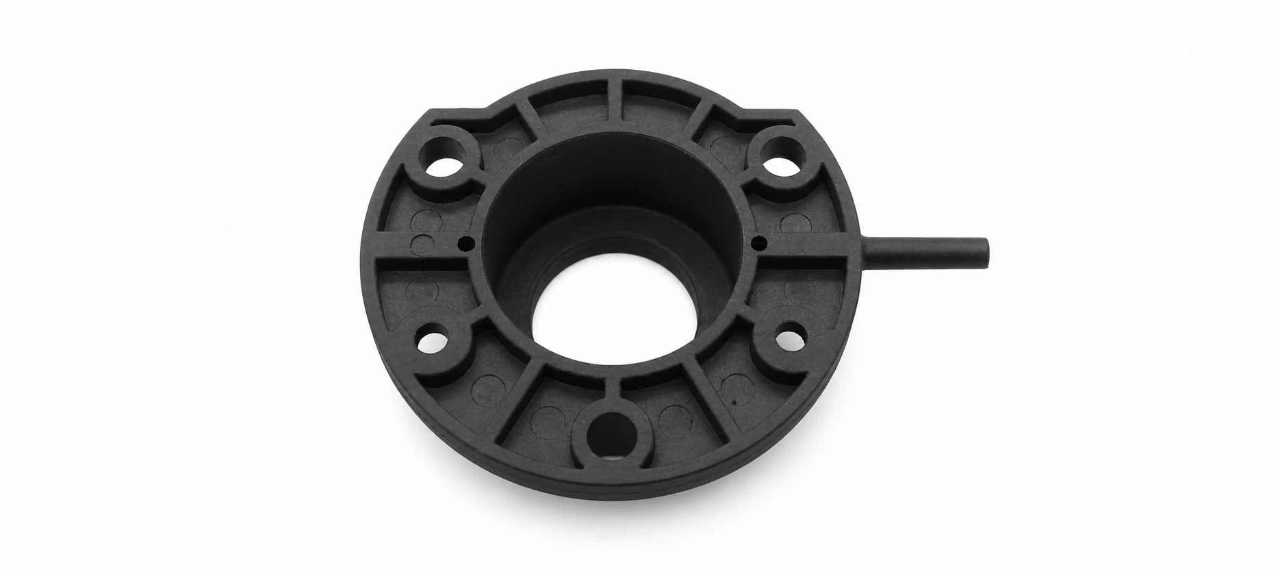 Black circular moulded housing with mounting holes