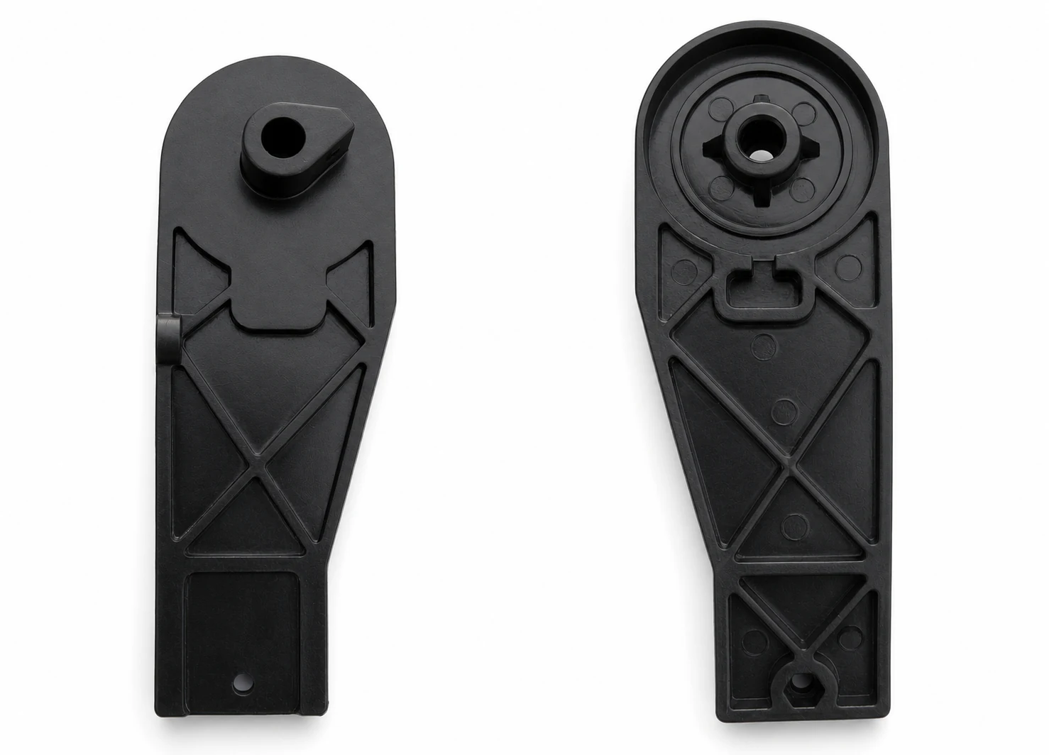 Black moulded lever components, front and reverse views